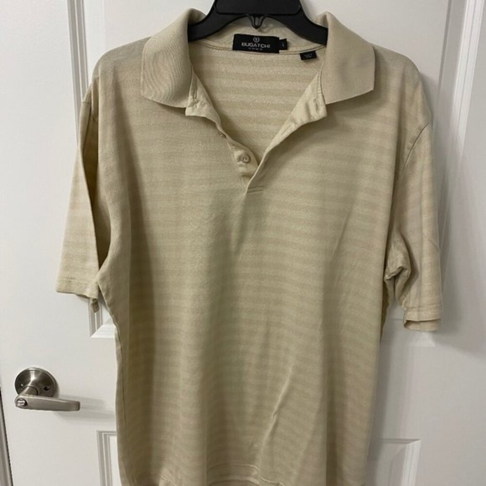 Bugatchi Uomo Polo Shirt Men L Large Tan Stripe Mercerized Cotton Short Sleeve
